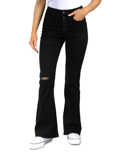 Shop Indigo Rein Juniors' Ripped Knee High Waisted Flare-leg Jeans In Black
