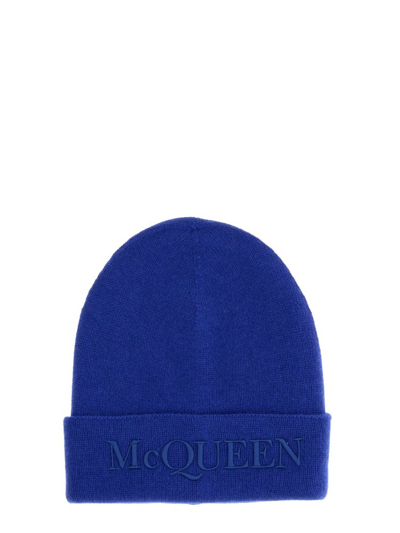 Shop Alexander Mcqueen Logo Embroidered Knit Beanie In Blue