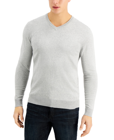 Shop Alfani Men's Solid V-neck Cotton Sweater, Created For Macy's In Casual Grey Heather