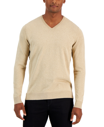Shop Alfani Men's Solid V-neck Cotton Sweater, Created For Macy's In Twill Heather