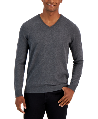 Shop Alfani Men's Solid V-neck Cotton Sweater, Created For Macy's In Charcoal Heather