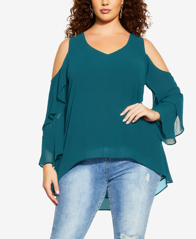 Shop City Chic Trendy Plus Size High Low Cold Shoulder Top In Jade