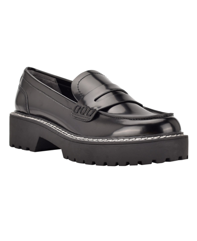 Shop Calvin Klein Women's Suzie Casual Lug Sole Loafers Women's Shoes In Black Faux Leather