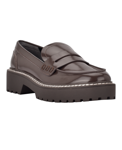 Shop Calvin Klein Women's Suzie Casual Lug Sole Loafers Women's Shoes In Dark Brown - Faux Leather