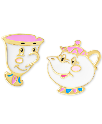 Shop Disney Mrs. Potts & Chip Enamel Mismatch Stud Earrings In 18k Gold-plated Sterling Silver In Gold Over Silver