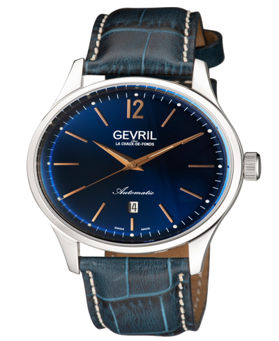 Shop Gevril Men's Five Points Swiss Automatic Italian Blue Leather Strap Watch 43mm In Silver-tone