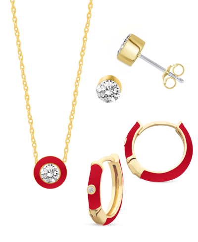 Shop Macy's Crystal Enamel Necklace And Earring Set, 3-piece In Red Enamel