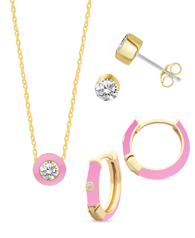 Shop Macy's Crystal Enamel Necklace And Earring Set, 3-piece In Pink Enamel