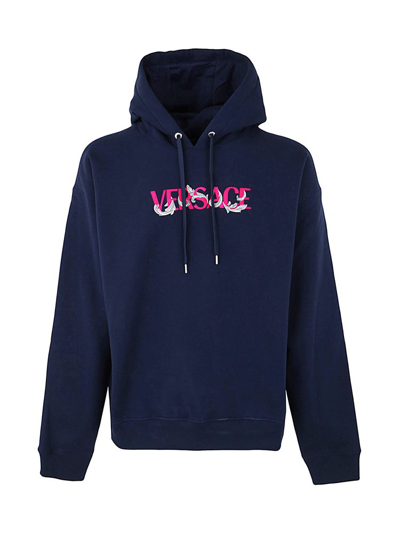 Shop Versace Logo Embroidered Long Sleeved Hoodie In Blue