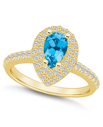 Shop Macy's Blue Topaz And Diamond Accent Halo Ring In 14k Yellow Gold