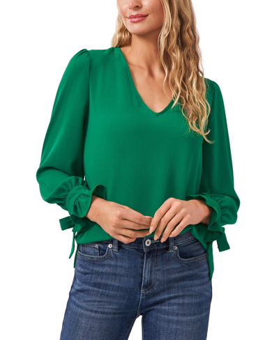 Shop Cece Women's Solid Long Sleeve V-neck Tie-cuff Blouse In Lush Green
