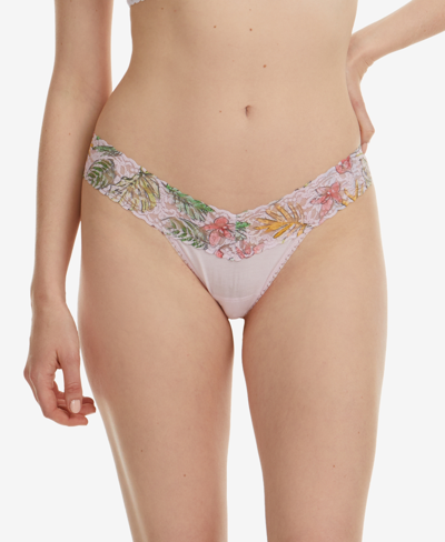 Shop Hanky Panky Women's Low Rise Cotton Thong With Printed Lace Trim In Pink/lovely Leaves