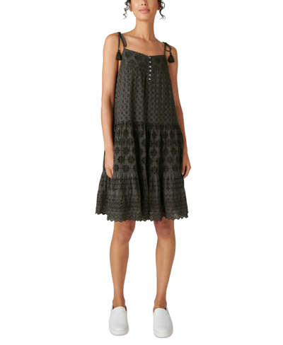 Shop Lucky Brand Women's Tie-sleeve Tiered Eyelet Dress In Washed Black