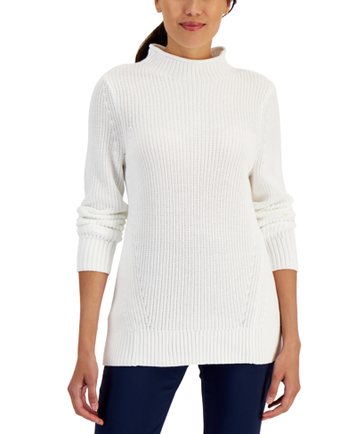Shop Karen Scott Women's Cotton Mock-neck Sweater, Created For Macy's In Winter White