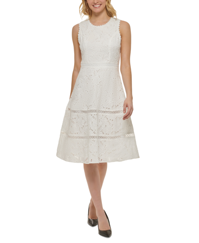 Shop Karl Lagerfeld Women's Cotton Eyelet Lace A-line Dress In Soft White