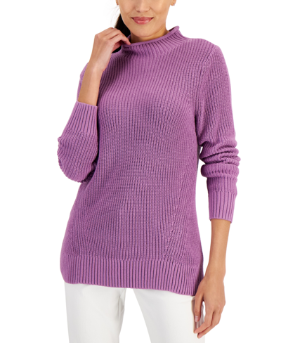 Shop Karen Scott Women's Cotton Mock-neck Sweater, Created For Macy's In Plum Rosette