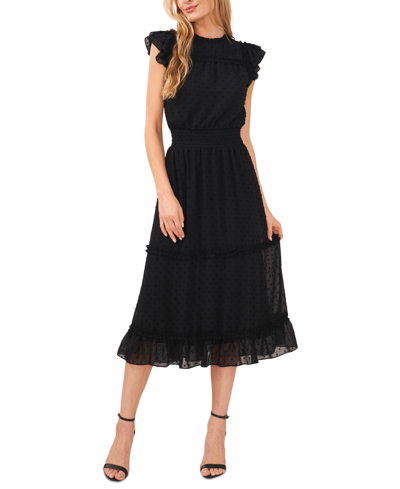 Shop Cece Women's Ruffled Flutter Sleeve Swiss Dot Midi Dress In Rich Black