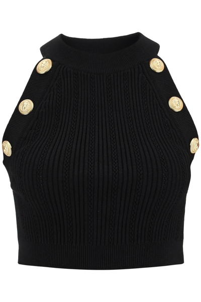 Shop Balmain Cropped Knit Top In Black