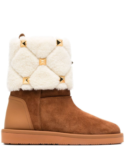 Shop Valentino Roman Stud Quilted Ankle Boots In Brown