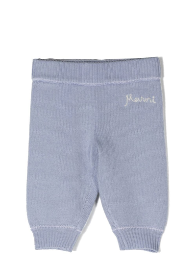 Shop Marni Embroidered-logo Knitted Trousers In Blue