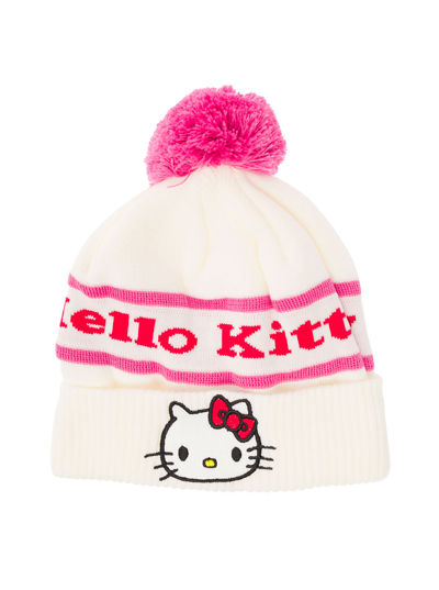 Shop Gcds White Beanie In Knitted Wool Blend With Pom Pom, Jacquard Lettering And Hello Kitty Patch  Woman