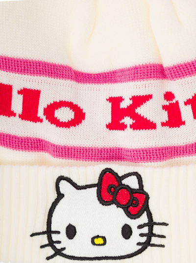 Shop Gcds White Beanie In Knitted Wool Blend With Pom Pom, Jacquard Lettering And Hello Kitty Patch  Woman