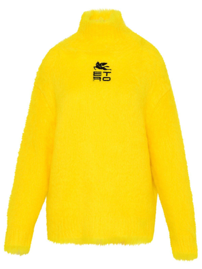 Etro Womans Turtleneck Sweater In Yellow Mohair Blend With Cube Logo In Giallo