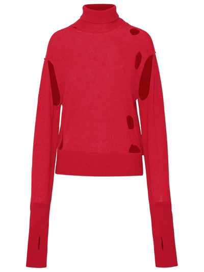 Shop Mm6 Maison Margiela Distressed Turtleneck Knitted Sweater In Rosso
