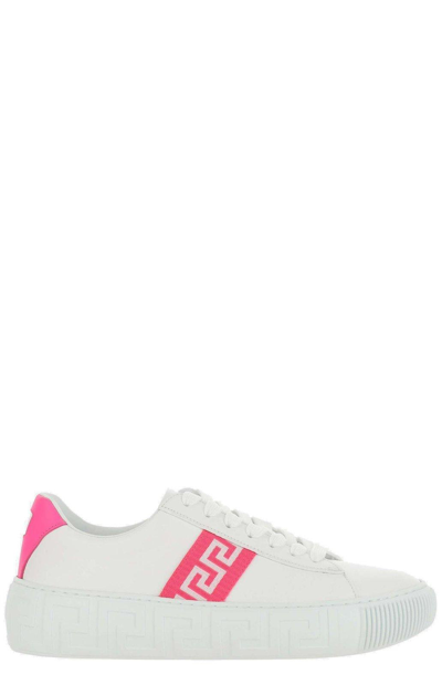 Shop Versace Greca-print Lace Up Sneakers In Bianco