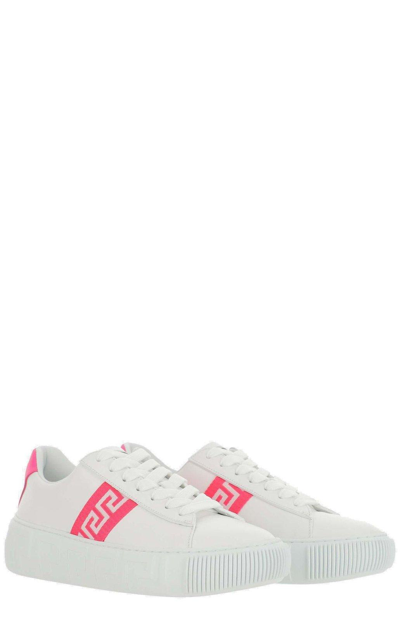 Shop Versace Greca-print Lace Up Sneakers In Bianco