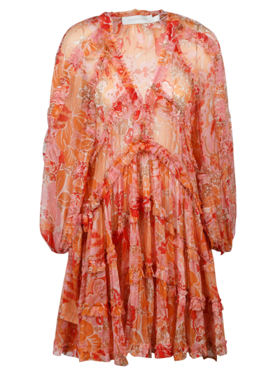 Shop Zimmermann Violet Frill Billow Dress In Coral Floral