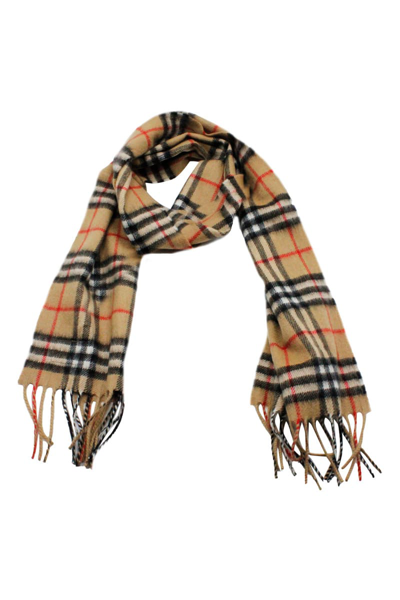 Shop Burberry 100% Cashmere Scarf With Check Patterned Fringes Measures 127 X 20 Cm In Beige