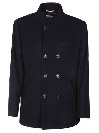 Shop Brunello Cucinelli Band Collar Double-breasted Peacoat In Blue