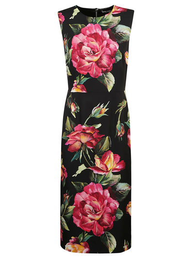Shop Dolce & Gabbana Rose Print Sleeveless Long Dress In Pink/black