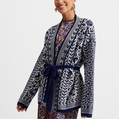 La Doublej Cozy Belted Floral-jacquard Merino Cardigan In Navy