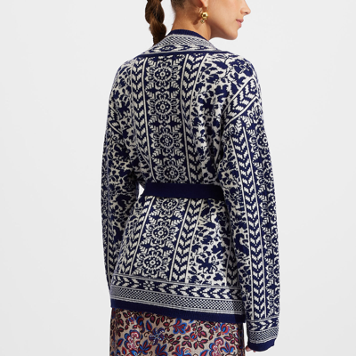 La Doublej Cozy Belted Floral-jacquard Merino Cardigan In Navy