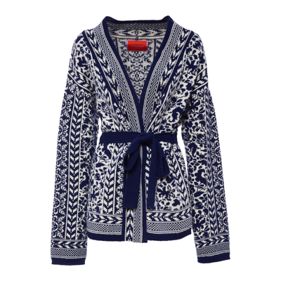 La Doublej Cozy Belted Floral-jacquard Merino Cardigan In Navy