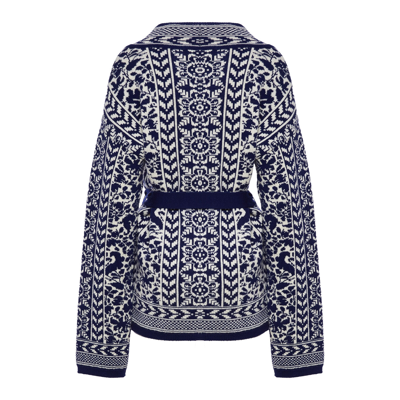 La Doublej Cozy Belted Floral-jacquard Merino Cardigan In Navy