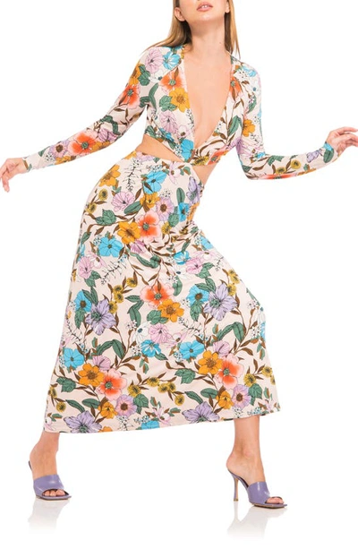 Shop Afrm Assi Floral Cutout Detail Long Sleeve Knit Dress In Peach Vintage Floral