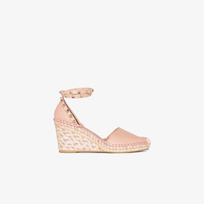 Shop Valentino Rockstud 85 Leather Wedge Espadrilles - Women's - Calf Leather/metal/goat Skin In Pink