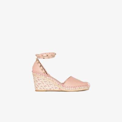 Shop Valentino Pink Rockstud 85 Leather Wedge Espadrilles