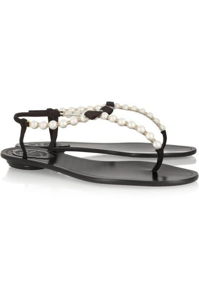 Shop René Caovilla Pearl-embellished Leather Sandals In Black