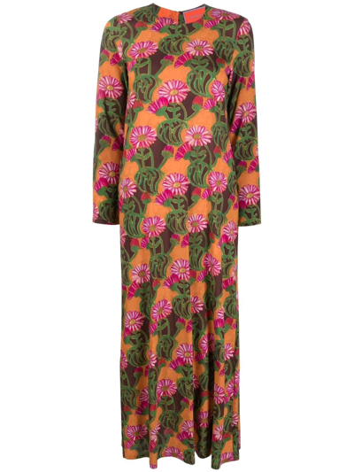 Shop La Doublej Floral Print Long-sleeve Dress In Orange