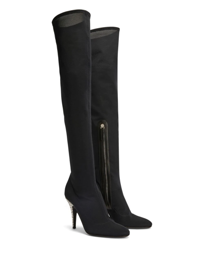 Giuseppe Zanotti Calixtee Cuissarde Crystal-embellished Leather-trimmed Mesh Thigh Boots In Black