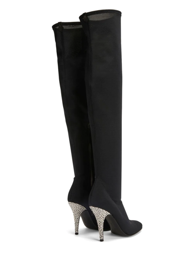 Giuseppe Zanotti Calixtee Cuissarde Crystal-embellished Leather-trimmed Mesh Thigh Boots In Black