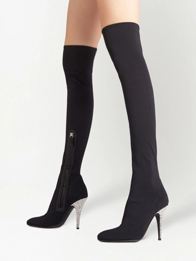 Giuseppe Zanotti Calixtee Cuissarde Crystal-embellished Leather-trimmed Mesh Thigh Boots In Black