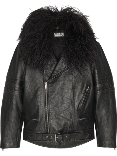 Shop Saint Laurent Feather-trimmed Leather Jacket In Black