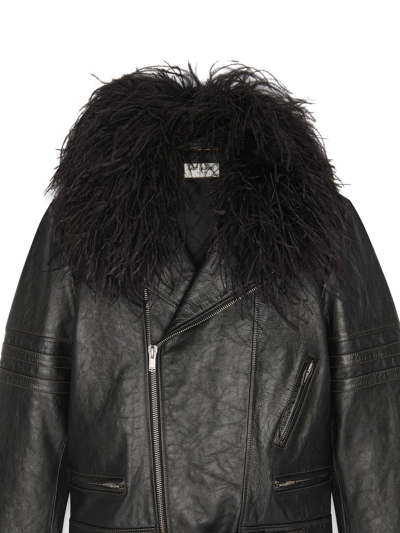 Shop Saint Laurent Feather-trimmed Leather Jacket In Black