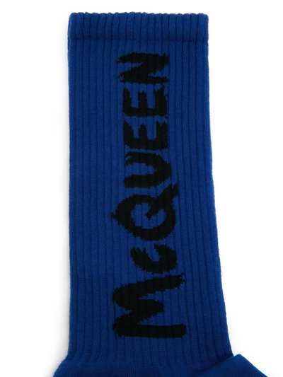 Shop Alexander Mcqueen Intarsia-knit Logo Socks In Blue