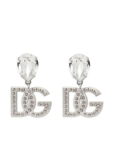 Shop Dolce & Gabbana Dg-logo Rhinestone-embellished Earrings In Silver